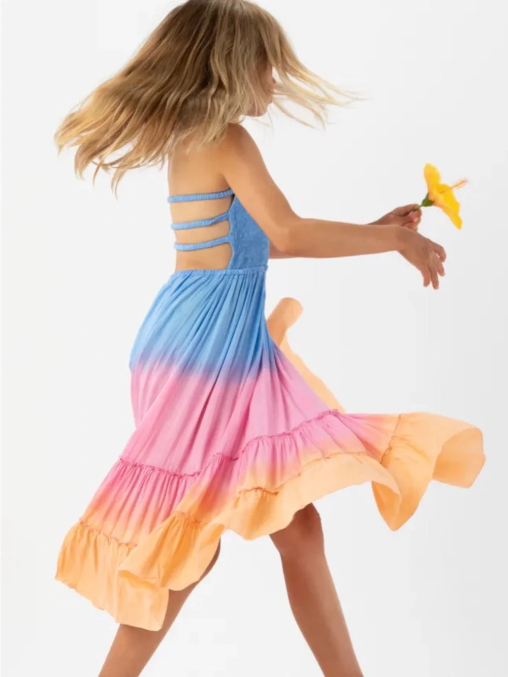 Tiare Hawaii Blue to Pink to Peach Ombre Halter Maxi Dress